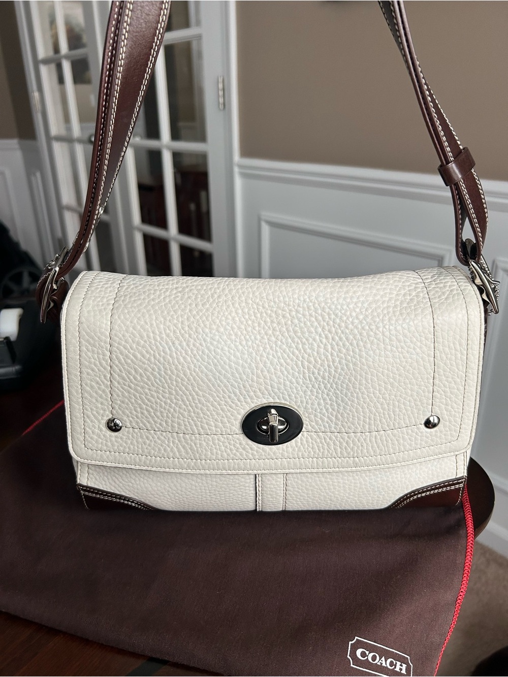 Vintage Coach Pebbled Leather Shoulder Bag in Off White and Brown